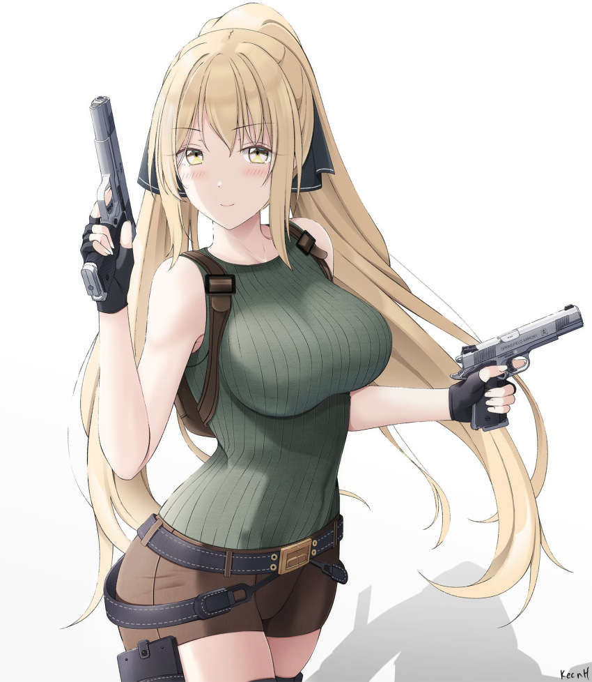 1girl bangs black_ribbon blonde_hair blue_tank_top borrowed_character breasts brown_eyes brown_pants brown_shorts commission cosplay dual_wielding finger_on_trigger gun hair_between_eyes hair_ribbon handgun high_ponytail highres holding holster keenh lara_croft lara_croft_(cosplay) long_hair looking_at_viewer original pants ponytail ribbon satou_mayumi_(rc_f) short_shorts shorts smile solo tank_top thigh_holster thigh_strap tomb_raider weapon