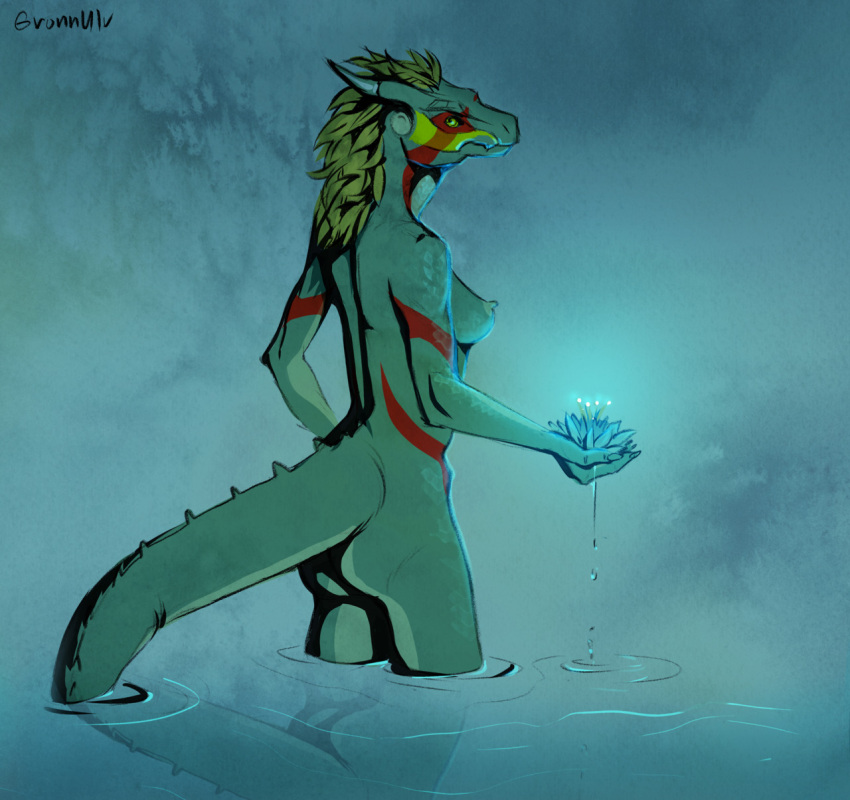 anthro argonian bethesda_softworks breasts feathers female flower green_body gronnulv hi_res horn nipples nude plant red_stripes reflection scalie shii-za_(gronnulv) sketch solo standing standing_in_water stripes the_elder_scrolls video_games water water_lily yellow_eyes