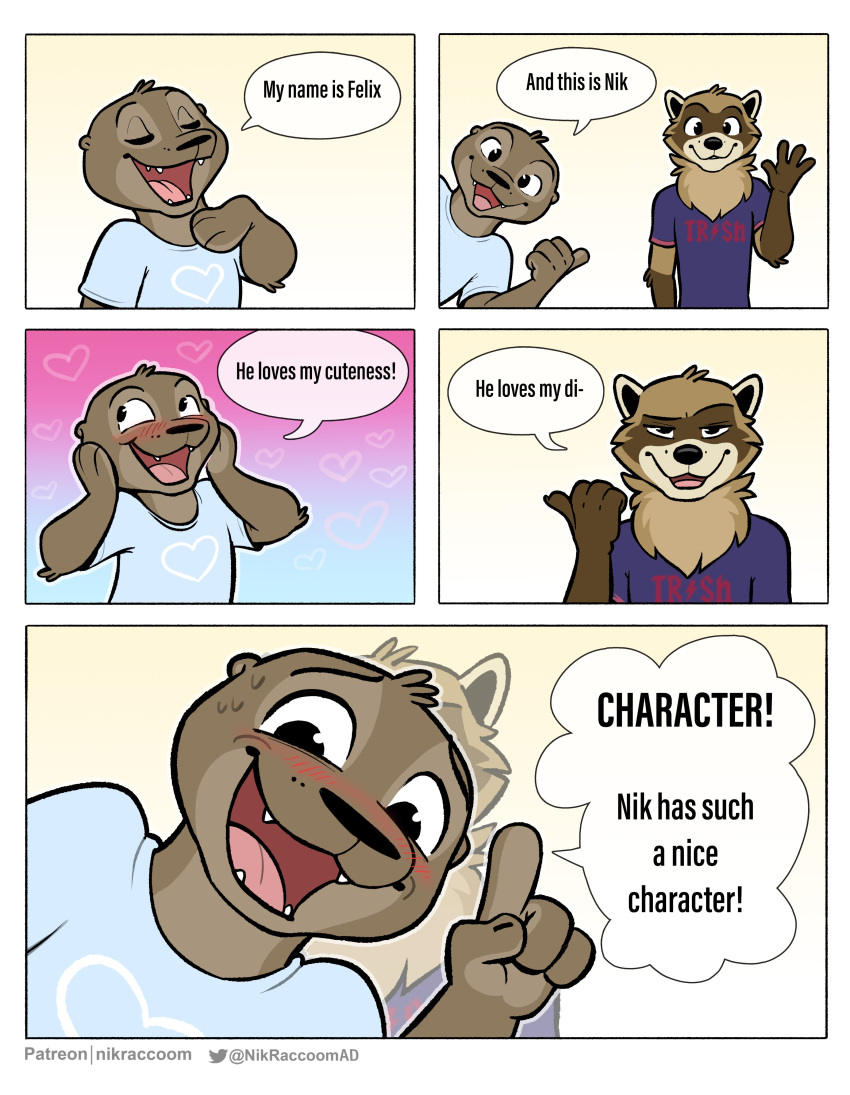 &lt;3 4_fingers absurd_res anthro blush brown_body brown_fur clothed clothing comic duo eyes_closed fangs felix_(nik159) fingers fur hi_res looking_at_viewer lutrine male male/male mammal mustelid narrowed_eyes nik_(nik159) nikraccoom open_mouth open_smile procyonid raccoon shirt simple_background smile topwear