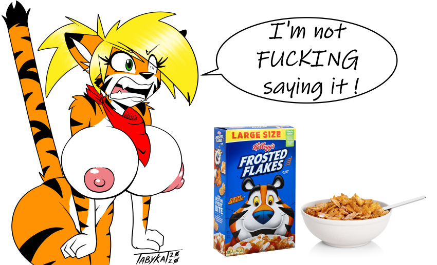 absurd_res anthro breasts cereal dialogue felid female food frosted_flakes hair hi_res kellogg's mammal mascot pantherine solo tabykat tabytha_starling tiger tony_the_tiger