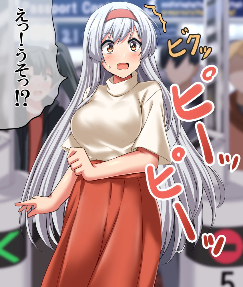 2girls ^^^ absurdres blurry blurry_background blush breasts brown_eyes cleavage commentary_request cowboy_shot cuffs fare_gate hairband highres kantai_collection large_breasts long_hair multiple_girls nose_blush official_alternate_costume pixiv_commission red_shirt shirt shoukaku_(kancolle) solo_focus standing surprised tears translation_request white_hair white_shirt zanntetu zuikaku_(kancolle)