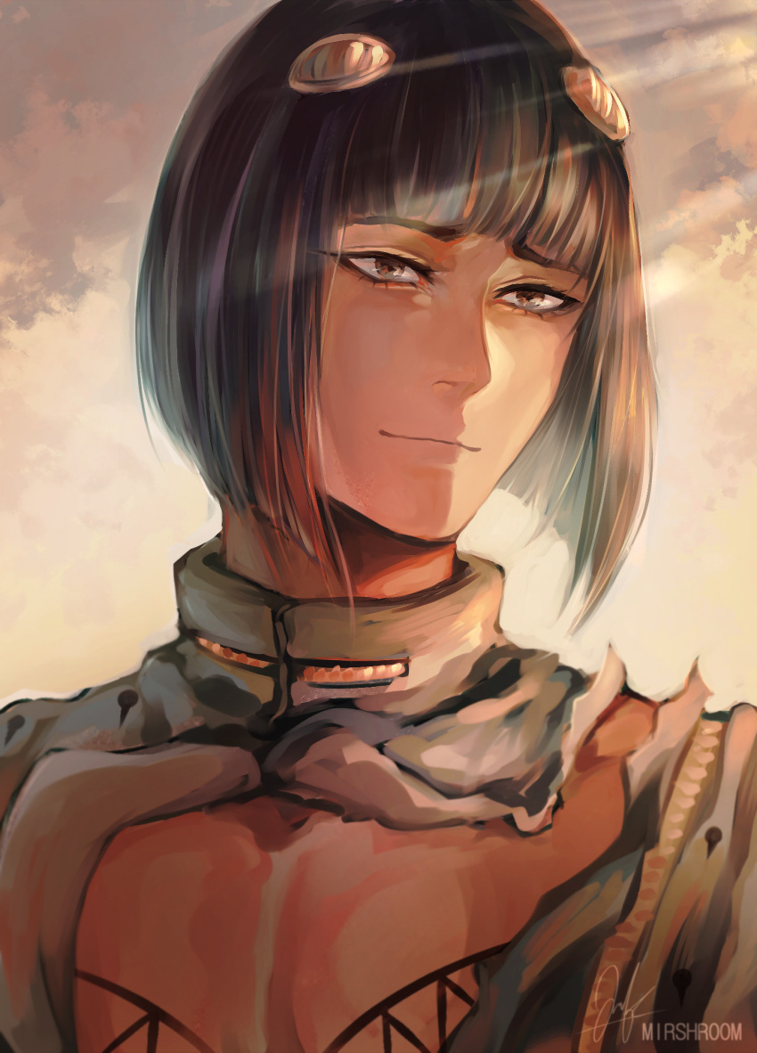 1boy artist_name black_eyes black_hair bob_cut bruno_buccellati cloud highres jojo_no_kimyou_na_bouken male_focus mirshroom portrait signature smile solo sunlight torn_clothes vento_aureo