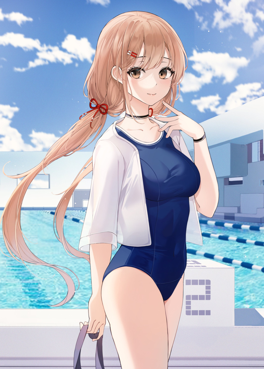 1girl absurdres black_choker blue_swimsuit breasts brown_eyes brown_hair choker collarbone covered_navel day hair_ornament hair_ribbon hairclip hand_up highres lebring long_hair looking_at_viewer low_twintails medium_breasts one-piece_swimsuit open_clothes open_shirt original outdoors pool ribbon shirt smile solo standing swimsuit taut_clothes taut_swimsuit thighs twintails very_long_hair white_shirt wristband