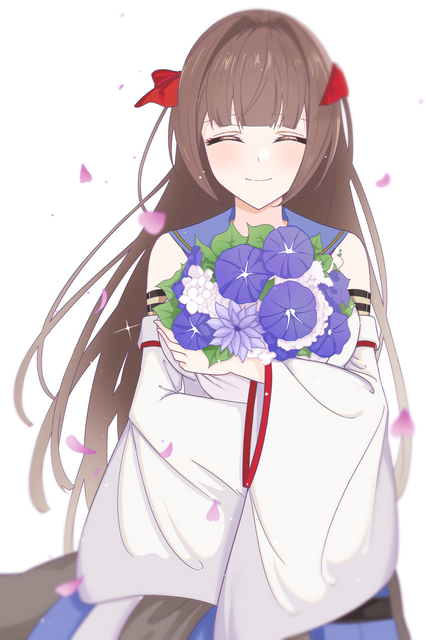 1girl absurdres assault_lily bangs belt black_belt blue_flower blue_sailor_collar blue_skirt blunt_bangs blurry blush bouquet breasts brown_hair closed_eyes closed_mouth cowboy_shot depth_of_field detached_sleeves facing_viewer falling_petals flower hair_intakes hair_ribbon hands_up highres holding holding_bouquet kozue_west layered_sleeves light_particles long_hair long_sleeves medium_breasts natsumiya_kuina object_hug petals pleated_skirt purple_flower red_ribbon ribbon sailor_collar school_uniform serafuku shirt simple_background skirt sleeveless sleeveless_shirt smile solo sparkle standing very_long_hair white_background white_flower white_shirt white_sleeves wide_sleeves