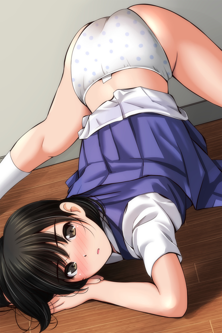 1girl absurdres bangs black_hair blue_skirt blush brown_eyes collared_shirt commentary_request full-face_blush head_tilt highleg highleg_panties highres jack-o'_challenge long_sleeves looking_at_viewer matsunaga_kouyou original panties pleated_skirt polka_dot polka_dot_panties school_uniform shirt short_hair skirt smile solo split spread_legs suspender_skirt suspenders tag underwear wall white_panties white_shirt wooden_floor