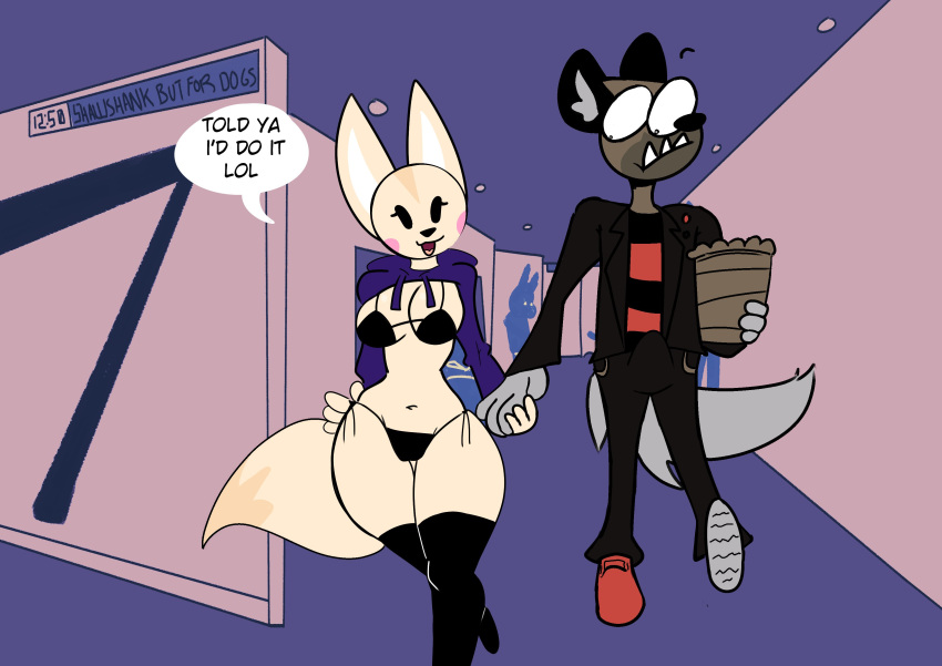 2022 4_fingers absurd_res aggressive_retsuko anthro black_bra black_clothing black_ears black_nose black_underwear bottomwear bra breasts brown_body brown_fur canid canine cleavage clothed clothing countershade_face countershading cropped_hoodie curvy_figure detailed_background dialogue digital_media_(artwork) dipstick_tail dot_eyes duo duskcy english_text eyebrows eyebrows_off_head eyelashes female fennec fenneko fingers fluffy fluffy_tail food footwear fox fur grey_body grey_fur grey_tail haida hand_holding hand_on_hip hi_res holding_food holding_object hoodie hyaenid inner_ear_fluff inside jacket legwear lights looking_aside looking_at_another looking_at_partner male male/female mammal markings midriff movie_theater navel open_mouth open_smile panties pants pattern_clothing pattern_shirt pattern_topwear popcorn public public_exposure purple_clothing purple_hoodie purple_topwear raised_eyebrows romantic romantic_couple rosy_cheeks sanrio sharp_teeth shirt shocked shocked_expression shoes side-tie_panties smile spotted_hyena standing striped_clothing striped_shirt striped_topwear stripes tail_markings tan_body tan_fur teeth text thick_thighs thigh_highs topwear tuft underbite underwear walking wide_eyed wide_hips