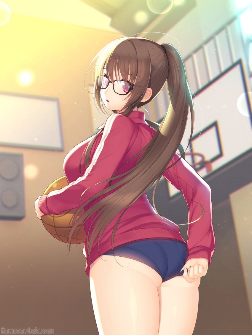 1girl absurdres ass ball bangs basketball basketball_hoop black_buruma breasts brown_hair buruma commentary_request glasses gym highres holding holding_ball indoors jacket jersey kashiwamochi_yomogi large_breasts lens_flare long_hair long_sleeves looking_at_viewer looking_back open_mouth original pantylines ponytail red_eyes red_jacket simple_background solo standing track_jacket track_suit