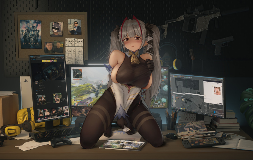 1girl absurdres alternate_costume artist_self-reference azur_lane bare_shoulders bell between_legs black_bodysuit black_gloves blush bodysuit bodysuit_tug book book_stack breasts brown_pantyhose closed_mouth commentary_request computer controller cosplay covering covering_crotch cowbell detached_sleeves formidable_(azur_lane) game_console game_controller ganyu_(genshin_impact) ganyu_(genshin_impact)_(cosplay) genshin_impact gloves gun hair_ribbon hand_between_legs handgun handheld_game_console headphones highres indoors keyboard_(computer) kneeling large_breasts long_hair looking_at_viewer monitor mouse_(computer) multicolored_hair no_shoes pantyhose poster_(object) raised_eyebrows red_hair ribbon rodriguez_(kamwing) solo streaked_hair tablet_pc tiptoes twintails weapon white_hair