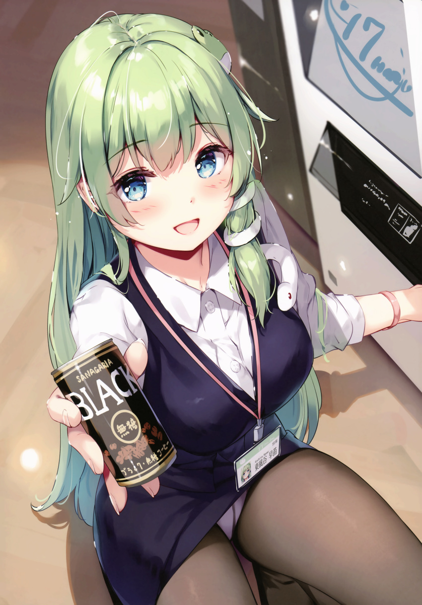 1girl :d absurdres blue_eyes blush breasts detexted frog_hair_ornament from_above green_hair hair_ornament highres incoming_drink kochiya_sanae long_hair miyase_mahiro panties panties_under_pantyhose pantyhose pencil_skirt skirt smile snake_hair_ornament solo third-party_edit touhou underwear