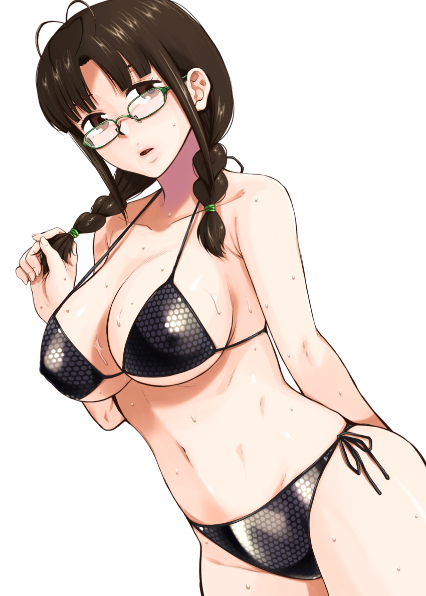 1girl akizuki_ritsuko antenna_hair bare_shoulders bikini braid breasts commentary_request dutch_angle glasses hair_over_shoulder highres humiyou idolmaster idolmaster_(classic) large_breasts looking_at_viewer low_twin_braids side-tie_bikini solo string_bikini sweat swimsuit twin_braids white_background