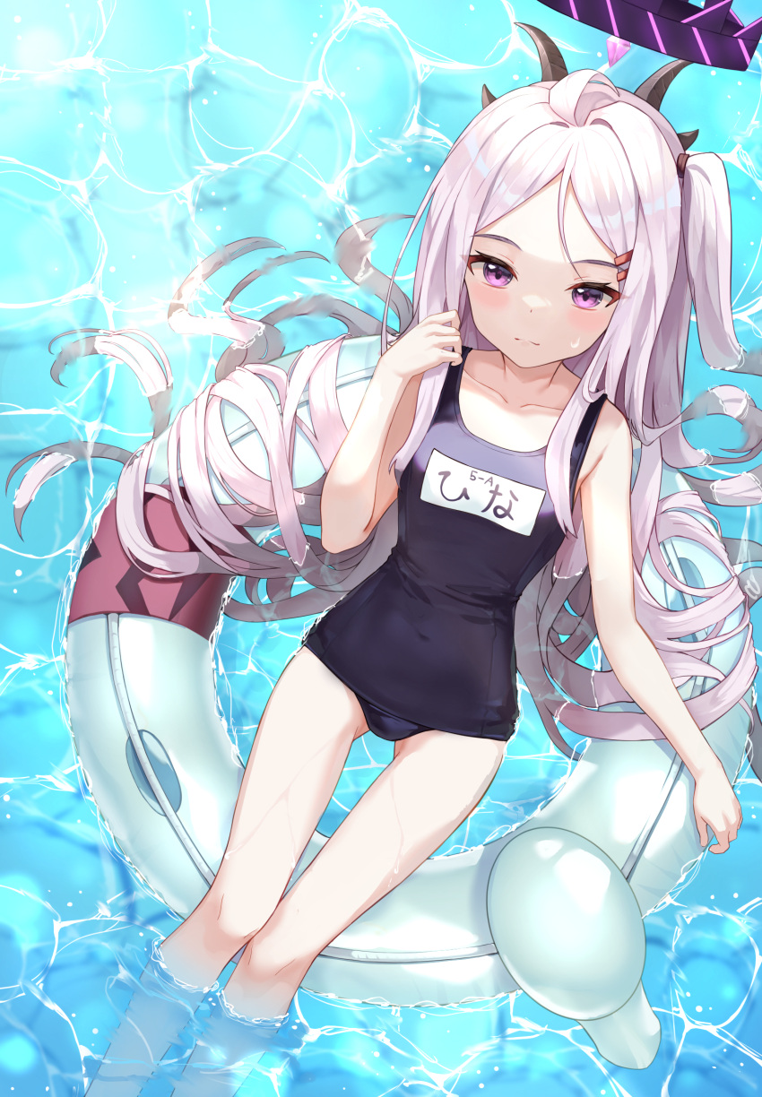 1girl afloat ahoge bangs blue_archive blue_swimsuit collarbone commentary_request demon_girl demon_horns forehead from_above frown hair_ornament hairclip halo highres hina_(blue_archive) hina_(swimsuit)_(blue_archive) horns in_water innertube long_hair looking_at_viewer looking_up name_tag ocean official_alternate_costume old_school_swimsuit one_side_up parted_bangs purple_eyes school_swimsuit sidelocks sleeveless solo swimsuit translation_request wet wet_clothes wet_swimsuit whistle whistle_around_neck white_hair yeolyeo