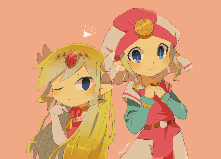 2girls artist_name belt blonde_hair blue_eyes blush child dress floating_hair gloves jewelry long_hair multicolored_hair multiple_girls necklace parted_lips pink_dress princess_zelda the_legend_of_zelda the_legend_of_zelda:_ocarina_of_time the_legend_of_zelda:_spirit_tracks the_legend_of_zelda:_the_wind_waker tokuura