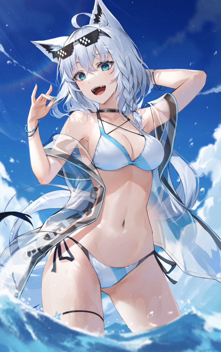 1girl :d absurdres ahoge animal_ear_fluff animal_ears arm_up armpits ass_visible_through_thighs bare_shoulders bikini black_choker blue_eyes braid breasts choker chyopeuteu cleavage contrapposto deal_with_it eyewear_on_head fang fox_ears fox_girl fox_shadow_puppet fox_tail halterneck hand_up highres hololive jacket long_hair looking_at_viewer medium_breasts nail_polish navel off_shoulder open_clothes open_jacket outdoors see-through shirakami_fubuki side-tie_bikini smile solo standing stomach string_bikini sunglasses sunlight swimsuit tail thigh_strap thighs very_long_hair virtual_youtuber wading water wet white_bikini white_hair