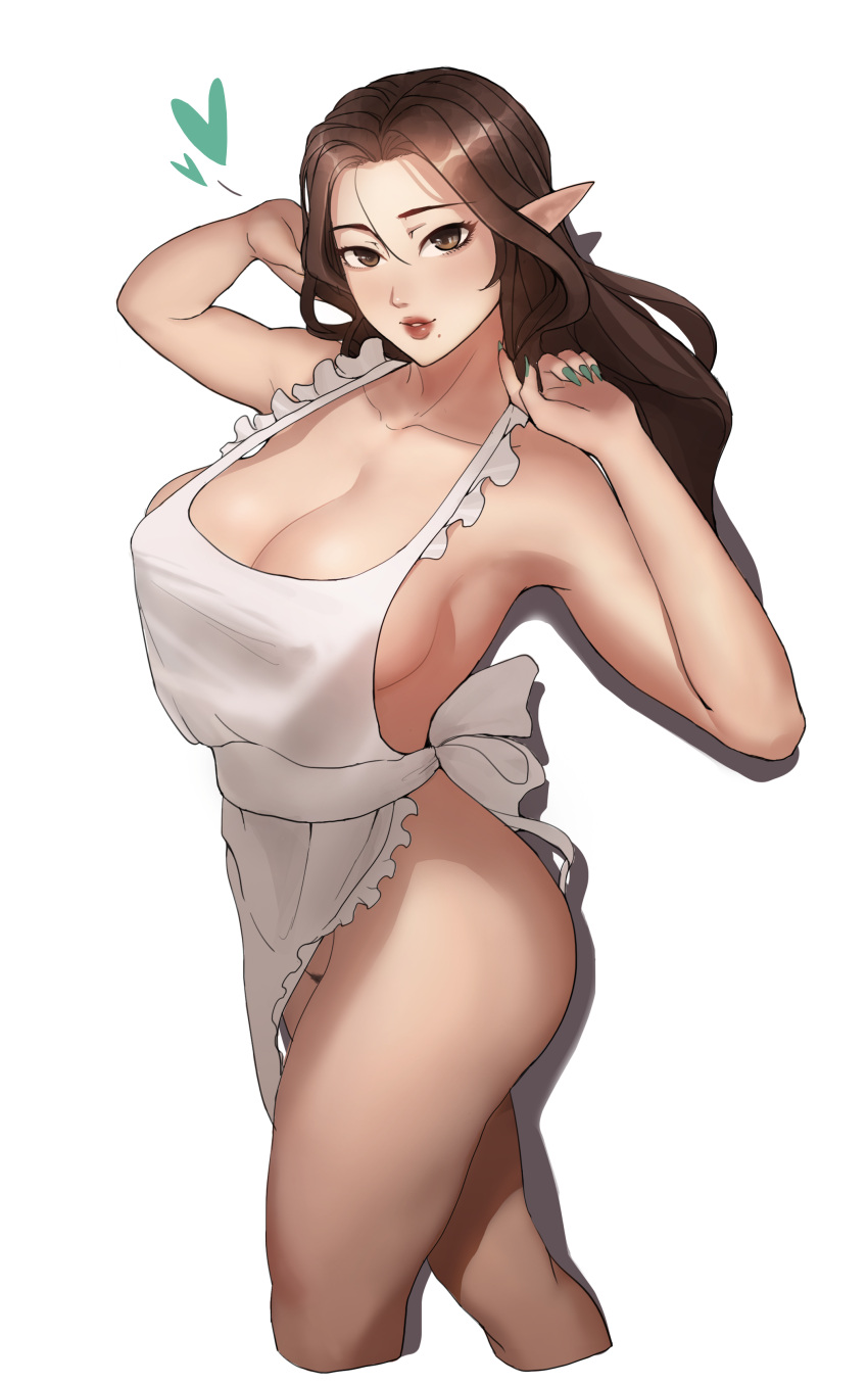 1girl absurdres apron breasts brown_eyes brown_hair cleavage cropped_legs elf fingernails green_heart green_nails highres large_breasts lips long_fingernails long_hair looking_at_viewer mole mole_under_mouth naked_apron original parted_lips pointy_ears proado simple_background solo strap_gap walking white_apron white_background