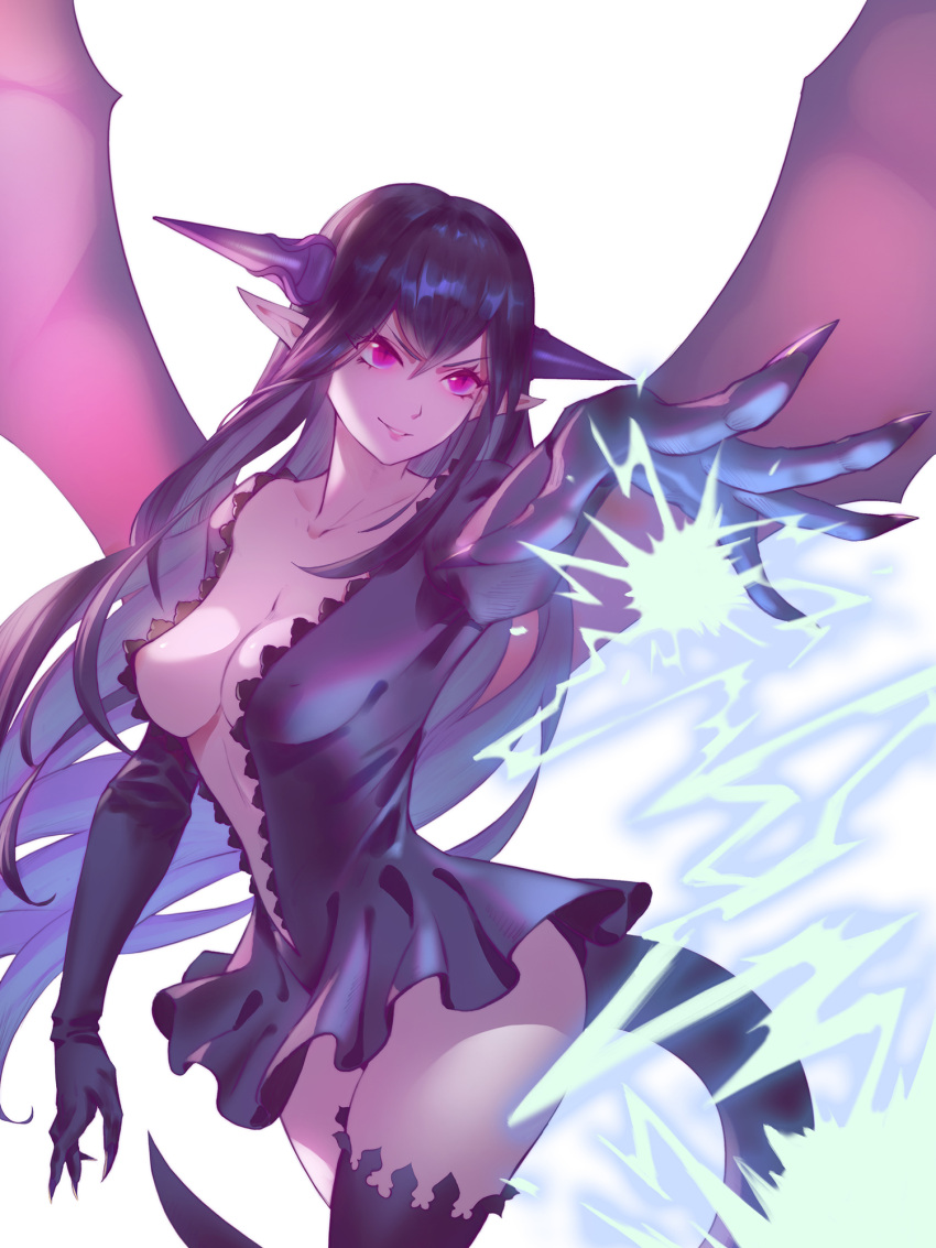 1girl areola_slip arm_up bangs black_dress black_gloves black_hair black_thighhighs breasts cleavage collarbone covered_nipples cowboy_shot dragon_girl dragon_tail dragon_wings dress electricity eyelashes fingernails firing floating_clothes floating_hair gloves hair_between_eyes highres horns joker.z long_fingernails long_hair looking_away looking_to_the_side pink_eyes pink_wings pixiv_fantasia pixiv_fantasia_age_of_starlight plunging_neckline pointy_ears purple_horns sharp_fingernails short_dress slit_pupils smile solo tail thighhighs tight tight_dress very_long_hair white_background wings