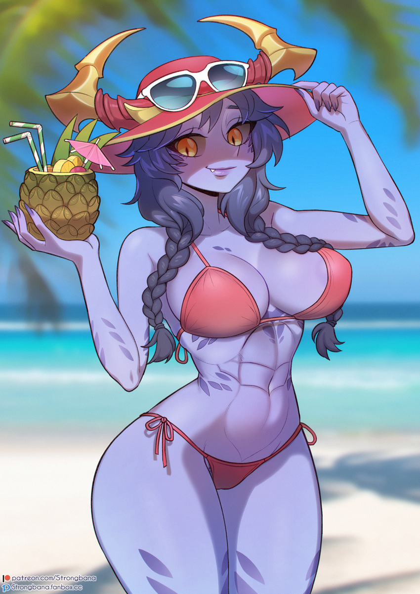 abs animal_humanoid athletic athletic_humanoid beach belly beverage big_breasts bikini bra braided_hair breasts clothed_female clothing curvy_figure dragon dragon_humanoid female hair hat headgear headwear hi_res horn humanoid league_of_legends lips long_hair looking_at_viewer midriff muscular muscular_humanoid navel pigtails pineapple_drink purple_body purple_hair purple_lips purple_skin riot_games seaside shyvana side-tie_bikini solo standing strongbana swimwear twin_braids umbrella_drink underwear video_games wide_hips yellow_eyes