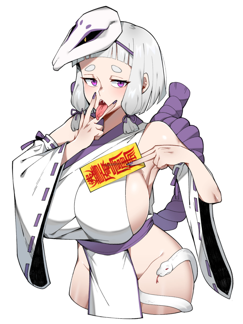 1girl bangs blunt_bangs breasts detached_sleeves fangs forked_tongue highres large_breasts looking_at_viewer mask mask_on_head open_mouth original purple_eyes purple_nails saru_(monkey_magic3) short_hair sideboob snake solo thick_eyebrows tongue tongue_out v v_over_mouth white_hair