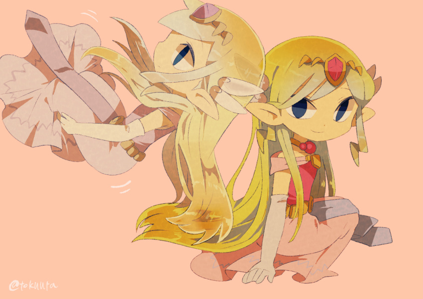 1girl artist_name belt blonde_hair blue_eyes blush dress floating_hair gloves jewelry long_hair multicolored_hair multiple_persona necklace parted_lips pink_dress princess_zelda the_legend_of_zelda the_legend_of_zelda:_spirit_tracks the_legend_of_zelda:_the_wind_waker tokuura