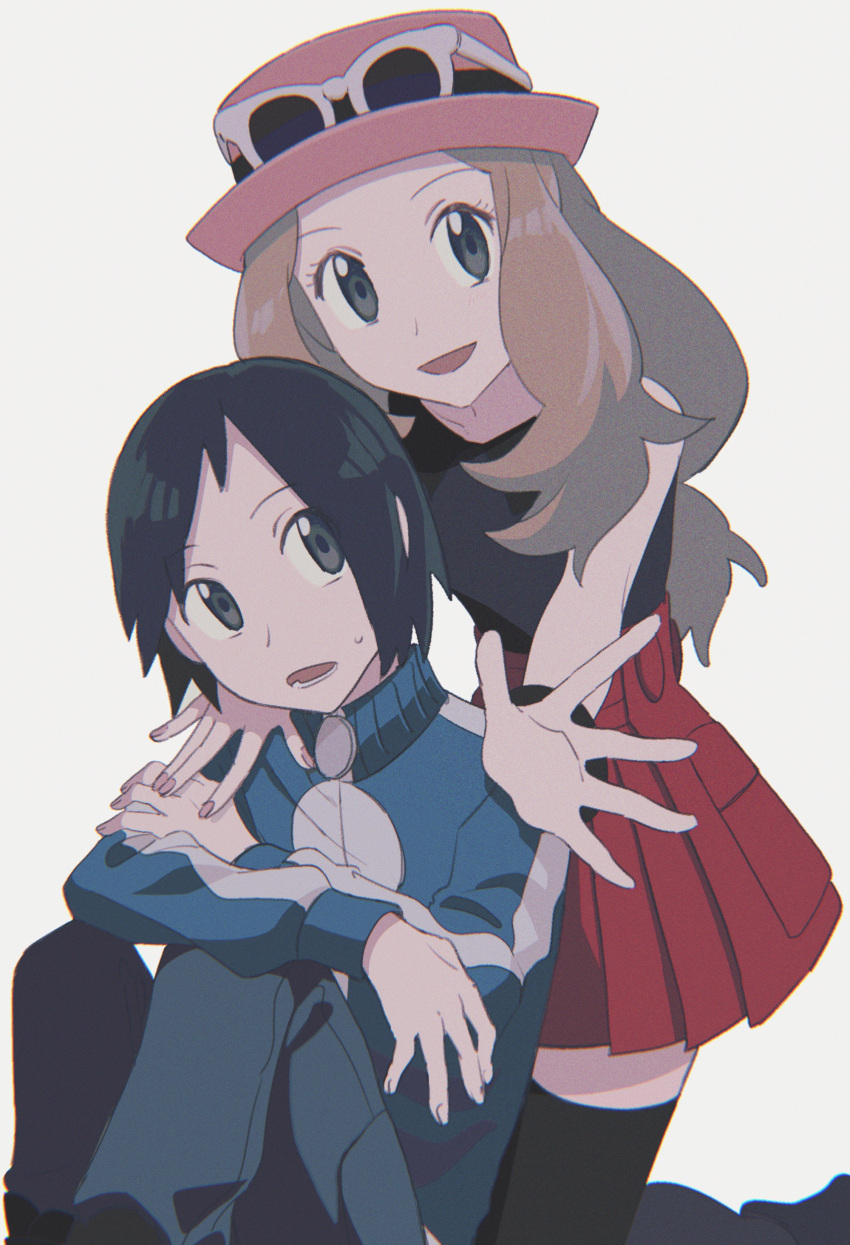 1boy 1girl absurdres asagiri_kogen black_hair blue_jacket brown_hair calem_(pokemon) collared_shirt commentary eyewear_on_headwear grey_eyes hat highres jacket long_hair long_sleeves looking_at_viewer open_mouth pink_headwear pokemon pokemon_(game) pokemon_xy red_skirt serena_(pokemon) shirt short_hair skirt sleeveless sleeveless_shirt smile spread_fingers sunglasses sweatdrop thighhighs turtleneck turtleneck_jacket white-framed_eyewear