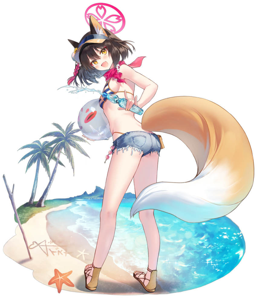 1girl animal_ears ball bare_shoulders beach beachball bikini bikini_under_clothes black_hair blue_archive blue_shorts blush bottle brown_eyes fang fox_ears fox_girl fox_shadow_puppet fox_tail from_behind full_body halo highleg highleg_bikini highres holding holding_ball holding_beachball holding_bottle izuna_(blue_archive) izuna_(swimsuit)_(blue_archive) leaning_forward looking_at_viewer looking_back medium_hair micro_shorts official_alternate_costume one_eye_closed sandals scarf shorts side_ponytail string_bikini swimsuit tail transparent_background