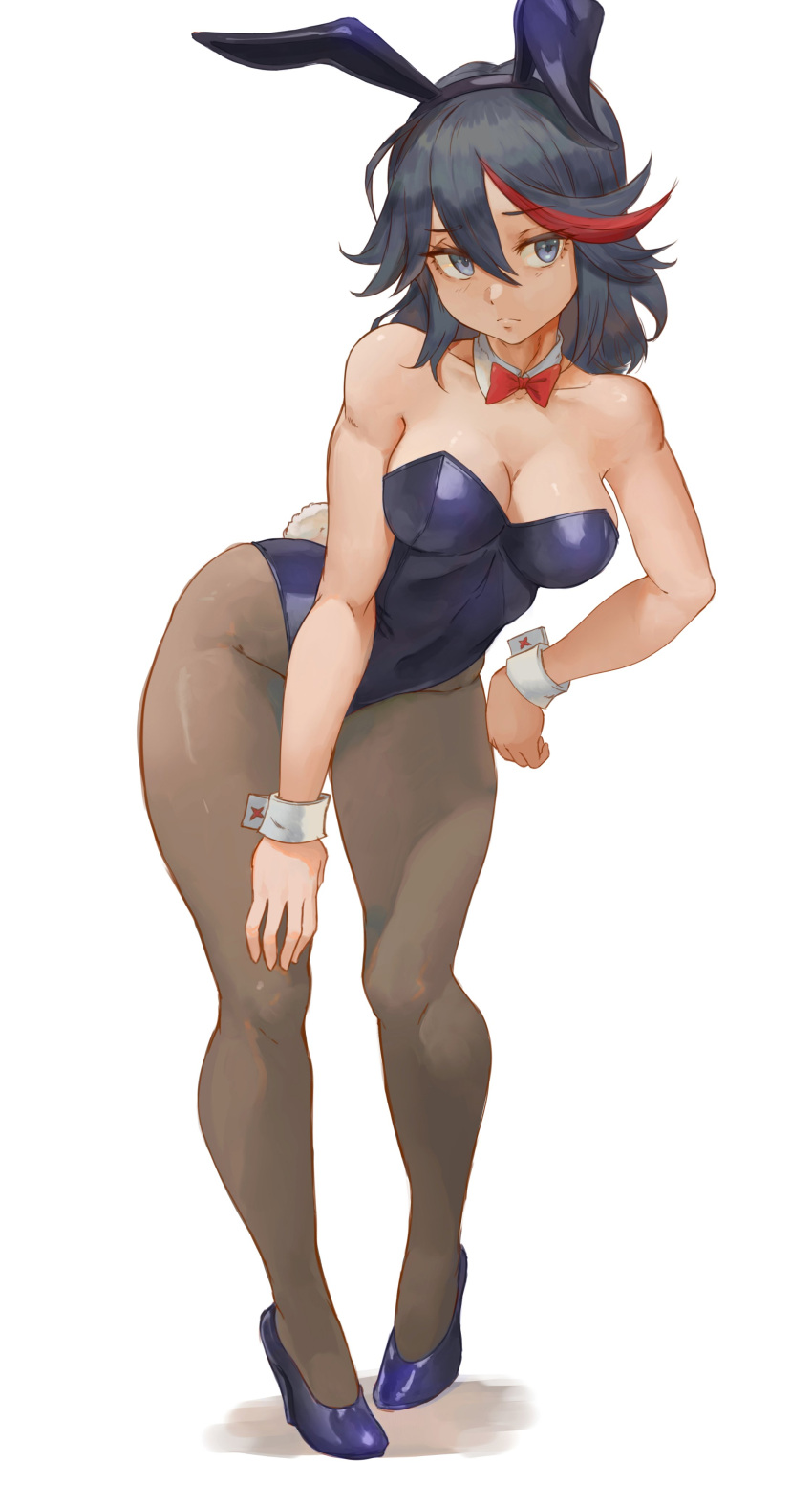 1girl absurdres alterlesott animal_ears bare_shoulders black_hair blue_eyes blue_footwear blue_leotard bow bowtie breasts brown_pantyhose cleavage closed_mouth commentary detached_collar english_commentary fake_animal_ears full_body hair_between_eyes hand_on_hip highres kill_la_kill large_breasts leotard matoi_ryuuko multicolored_hair pantyhose playboy_bunny rabbit_ears red_hair shoes short_hair simple_background solo standing streaked_hair white_background