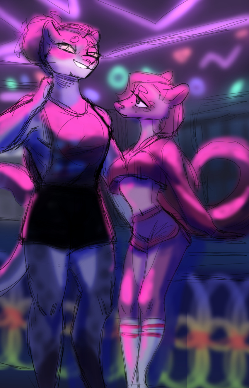 absurd_res anthro blush breasts clothing crowbar_(sheol) duo female footwear hand_on_neck helena_(bonk6) hi_res hyaenid mammal neon_lights roller_rink sheol_(artist) socks spots spotted_body under_boob