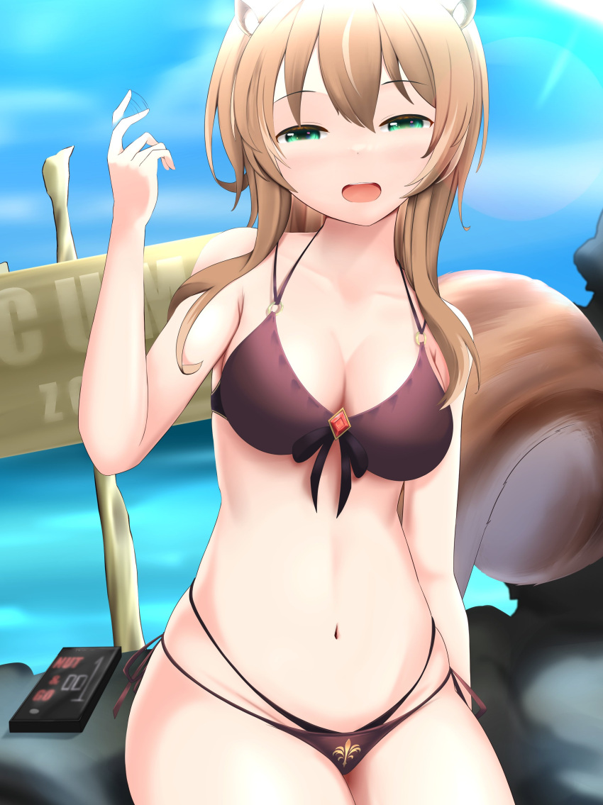 1girl absurdres animal_ears area_15 ayunda_risu bangs beach bikini breasts brown_hair cleavage cloud condom_box firen_inferno green_eyes highres hololive hololive_indonesia long_hair looking_at_viewer ocean open_mouth rock sign sitting sky solo sunlight swimsuit tail