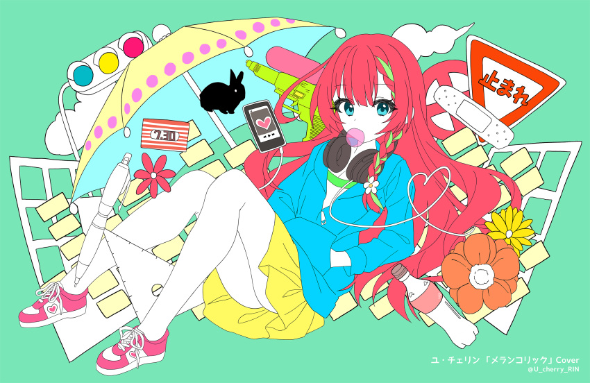 1girl animal bandaid blue_hoodie bottle braid cellphone character_request chobi_(penguin_paradise) colored_skin commentary_request green_background green_hair hands_in_pocket headphones headphones_around_neck heart highres hood hood_down hoodie knees_up long_hair looking_at_viewer melancholic_(vocaloid) multicolored_hair phone pink_footwear pleated_skirt rabbit red_hair road_sign set_square shirt shoes sign simple_background skirt solo streaked_hair traffic_light translation_request umbrella very_long_hair water_gun white_shirt white_skin yellow_skirt yellow_umbrella