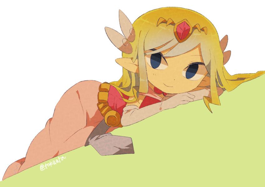 1girl artist_name belt blonde_hair blue_eyes blush dress floating_hair gloves jewelry long_hair looking_at_viewer multicolored_hair necklace parted_lips pink_dress princess_zelda the_legend_of_zelda the_legend_of_zelda:_spirit_tracks the_legend_of_zelda:_the_wind_waker tokuura