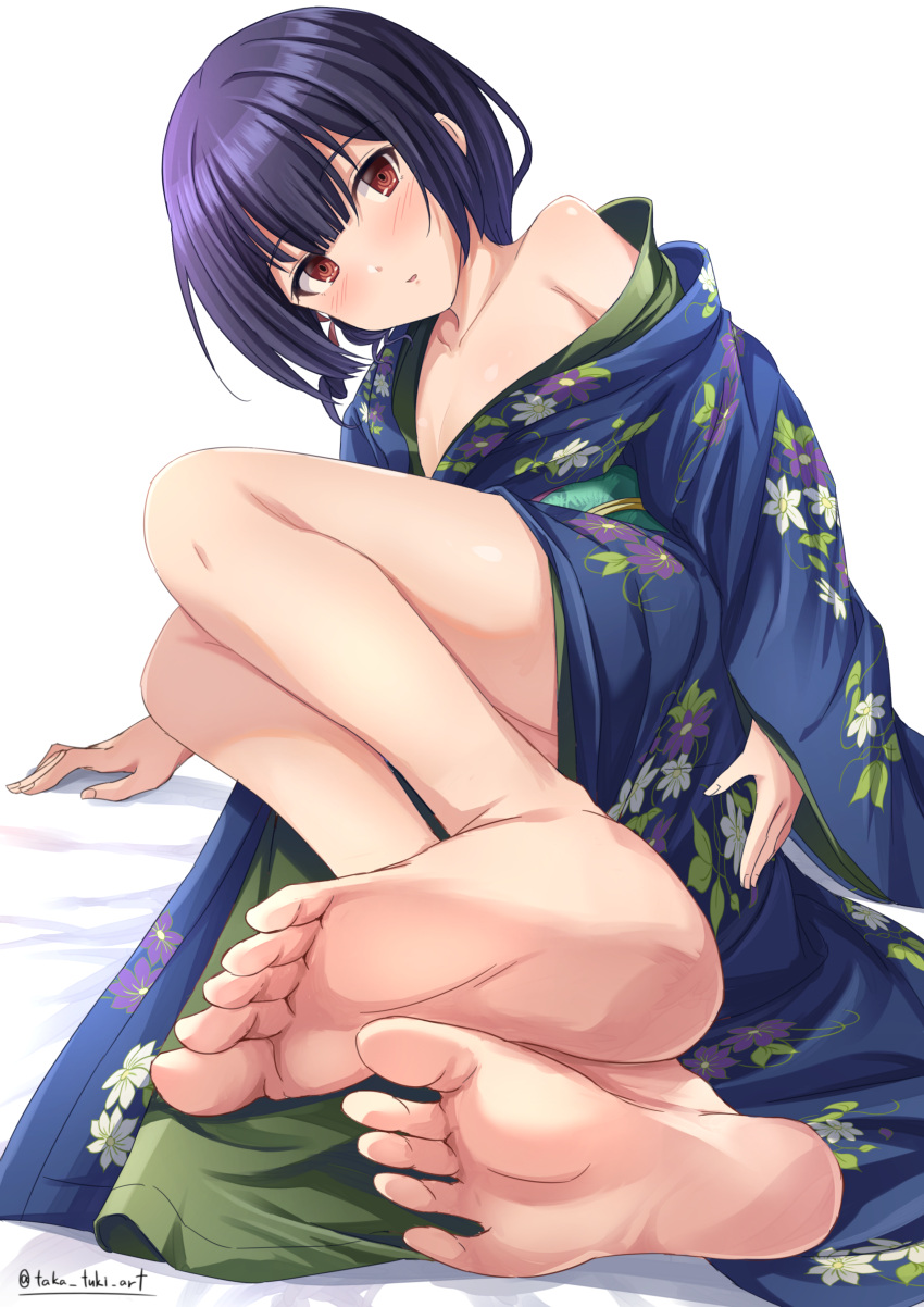 1girl absurdres accidental_exposure bangs barefoot black_hair blue_kimono blush breasts brown_eyes collarbone commentary_request covering covering_ass feet floral_print foot_focus foreshortening highres idolmaster idolmaster_shiny_colors japanese_clothes kimono legs looking_at_viewer morino_rinze obi on_floor parted_lips print_kimono sash short_hair single_bare_shoulder small_breasts socks soles solo takatsuki_p thighs twitter_username white_background