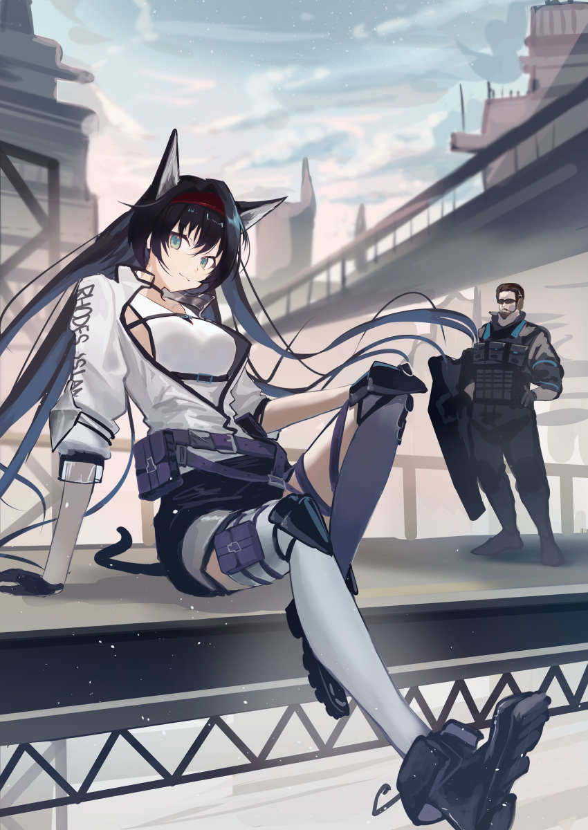 1boy 1girl absurdres ace_(arknights) animal_ears ankle_boots arknights asymmetrical_legwear beard belt belt_pouch black_footwear black_gloves black_hair black_pants black_skirt blaze_(arknights) blue_eyes boots breasts brown_hair bulletproof_vest cat_ears cat_girl cat_tail city closed_mouth clothes_writing day facial_hair gloves grey_thighhighs hairband hand_on_hip hand_on_own_knee headset highres holding holding_shield jacket knee_pads long_hair long_sleeves looking_at_viewer medium_breasts miniskirt mismatched_legwear natsuba002 open_clothes open_jacket outdoors pants pouch red_hairband shield shirt sitting skirt smile sunglasses tail thigh_pouch thigh_strap thighhighs underbust very_long_hair white_jacket white_shirt white_thighhighs
