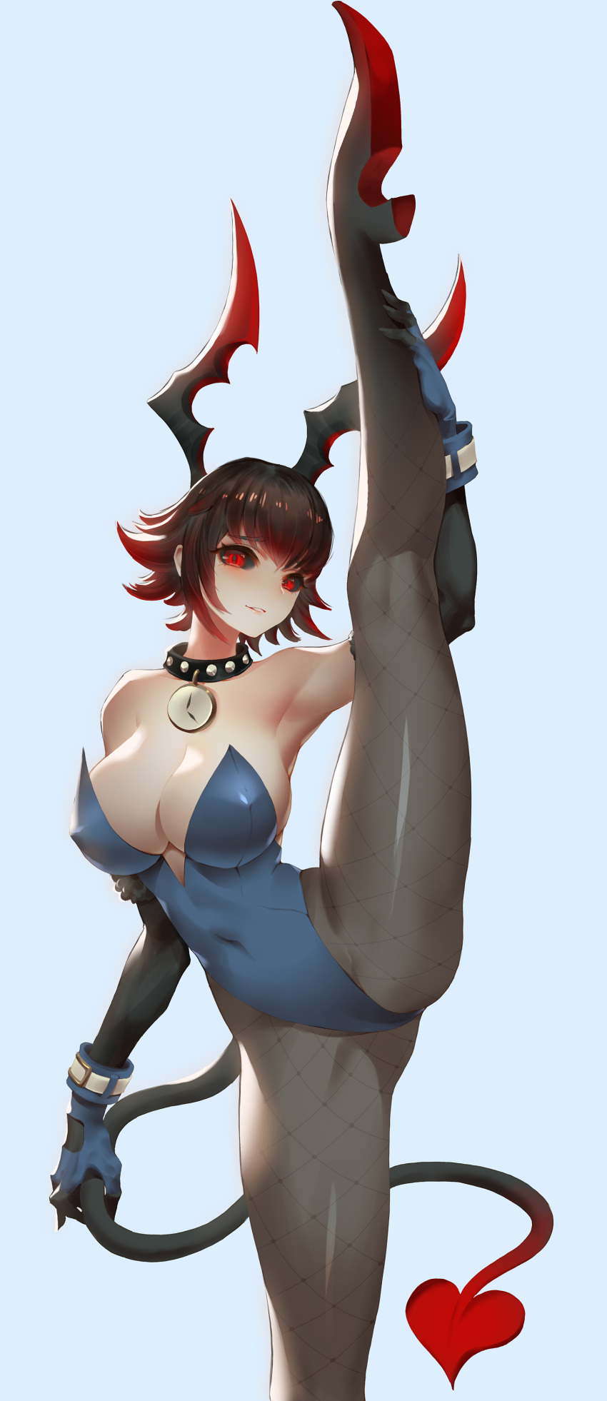 1girl absurdres armpits bangs bare_shoulders black_gloves black_hair black_horns black_sclera bloodstained:_ritual_of_the_night blue_background blue_gloves blue_leotard bracer breasts cleavage clock collar colored_sclera colored_shoe_soles covered_nipples demon_girl demon_horns demon_tail elbow_gloves eyelashes fishnet_legwear fishnets flexible flipped_hair gloves gradient gradient_hair grey_pantyhose hand_on_own_leg hand_up high_heels highres holding_tail horns jewelry joker.z layered_gloves leg_lift leg_up leotard lili_(bloodstained) looking_at_viewer multicolored_hair pantyhose parted_lips pendant red_eyes red_horns shoe_soles short_hair sideways_glance simple_background smile solo spiked_collar spikes split standing standing_on_one_leg standing_split strapless strapless_leotard tail