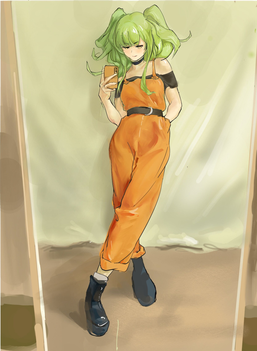 1girl alternate_costume bangs bare_shoulders belt black_choker black_footwear boots cellphone chinese_commentary choker closed_mouth collarbone full_body girls'_frontline green_hair hand_in_pocket highres holding holding_phone long_hair looking_down m950a_(girls'_frontline) off-shoulder_shirt off_shoulder orange_overalls overalls phone shirt simple_background smartphone smile solo south_cn yellow_eyes