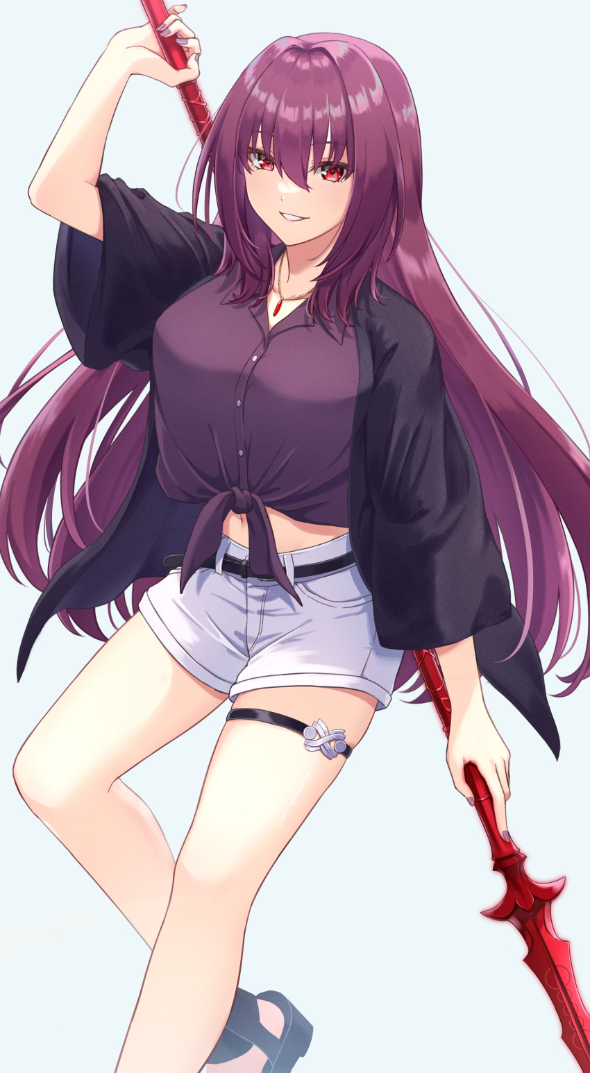 1girl absurdres alternate_costume belt breasts buttons casual commission fate/grand_order fate_(series) gae_bolg_(fate) ground hair_intakes highres jacket jewelry large_breasts long_hair looking_at_viewer mitsuria_(kanesho1102) nail_polish navel necklace polearm purple_hair purple_nails purple_shirt red_eyes sandals scathach_(fate) shirt shorts simple_background skeb_commission smile solo spear thigh_strap tied_shirt very_long_hair weapon wide_sleeves