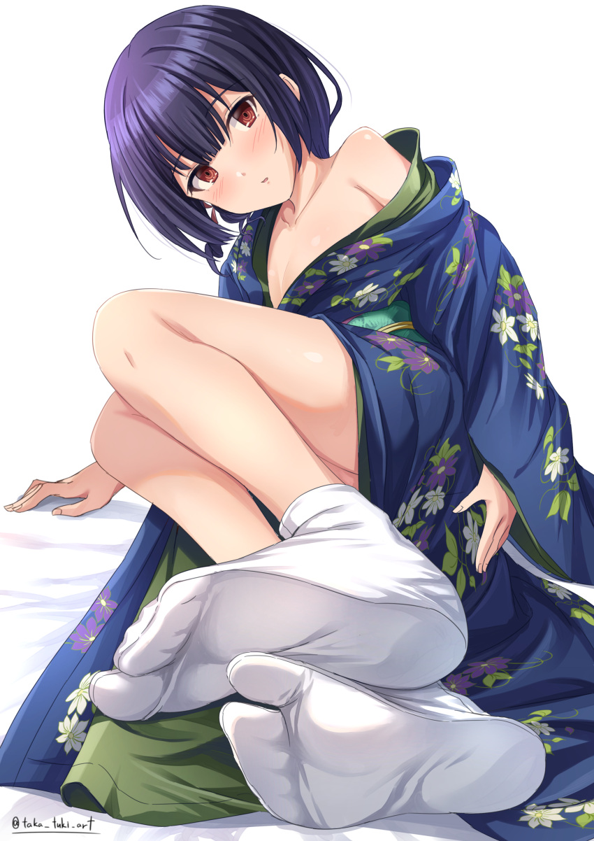 1girl absurdres accidental_exposure bangs black_hair blue_kimono blush breasts brown_eyes collarbone commentary_request covering covering_ass feet floral_print foot_focus foreshortening highres idolmaster idolmaster_shiny_colors japanese_clothes kimono legs looking_at_viewer morino_rinze obi on_floor parted_lips print_kimono sash short_hair single_bare_shoulder small_breasts socks soles solo tabi takatsuki_p thighs twitter_username white_background white_socks