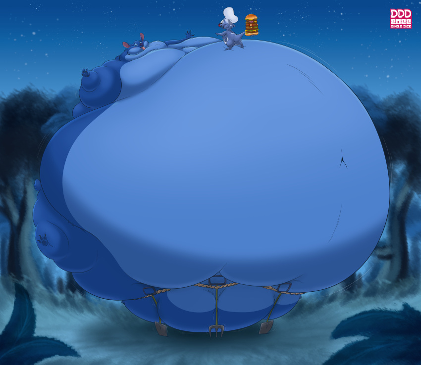 absurd_res alien anthro belly big_belly black_eyes blue_body blue_fur digital_media_(artwork) dino.d.dice disney experiment_(lilo_and_stitch) frenchfry_(lilo_and_stitch) fur hi_res hyper hyper_belly lilo_and_stitch male obese overweight stitch_(lilo_and_stitch)