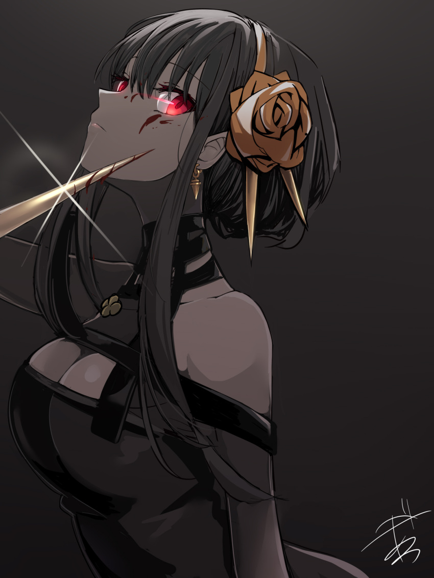 1girl amagasa_nadame bare_shoulders black_background black_dress black_hair blood blood_on_face breasts brown_flower brown_hairband brown_rose cleavage closed_mouth commentary_request dress earrings flower glint hair_flower hair_ornament hairband highres jewelry long_hair looking_at_viewer medium_breasts pointy_ears red_eyes rose sidelocks signature solo spy_x_family upper_body yor_briar