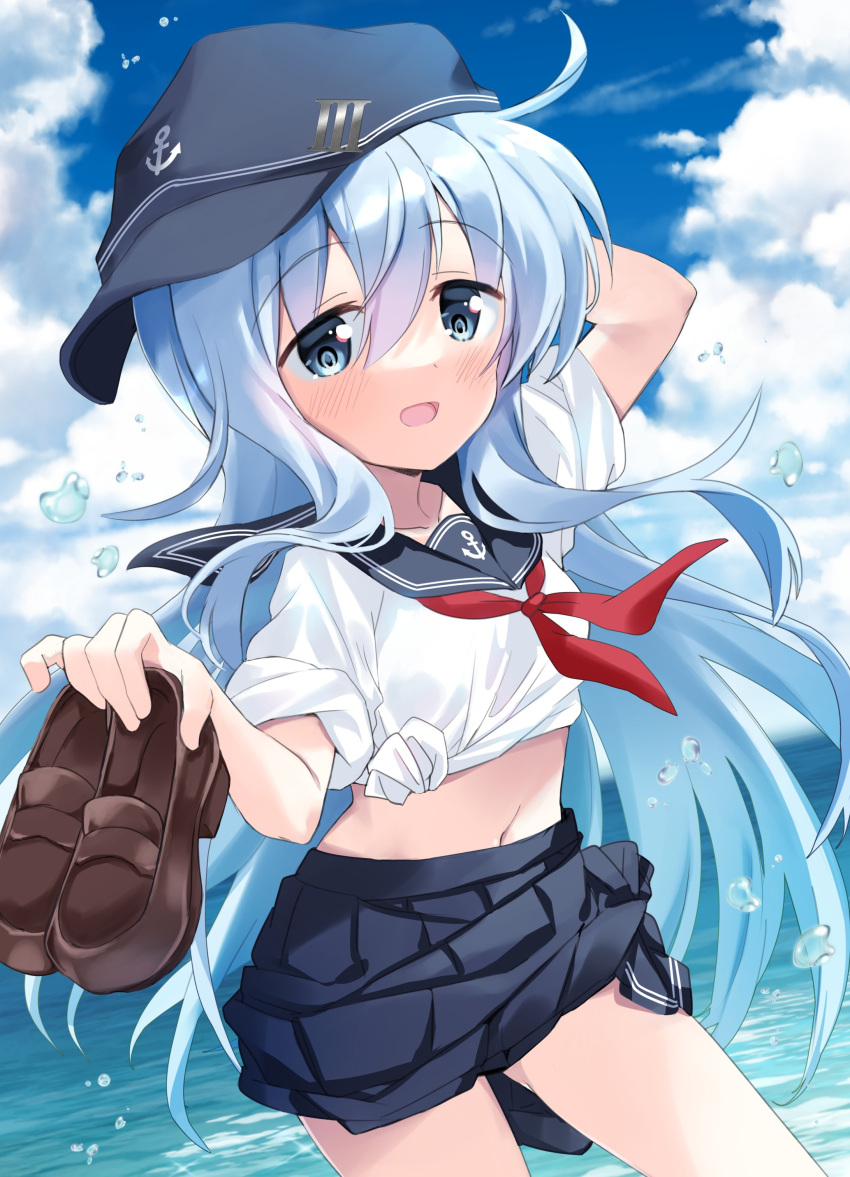 1girl absurdres anchor_print arm_behind_head bangs black_headwear black_sailor_collar black_skirt blue_eyes blue_sky blush brown_footwear check_commentary cloud commentary_request day hands_up hat hibiki_(kancolle) highres hizuki_yayoi holding holding_shoes kantai_collection light_blue_hair long_hair looking_at_viewer midriff navel neckerchief ocean outdoors parted_lips pleated_skirt red_neckerchief sailor_collar school_uniform serafuku shirt shoes sidelocks skirt sky sleeves_rolled_up solo thighs tied_shirt tied_skirt water_drop white_shirt