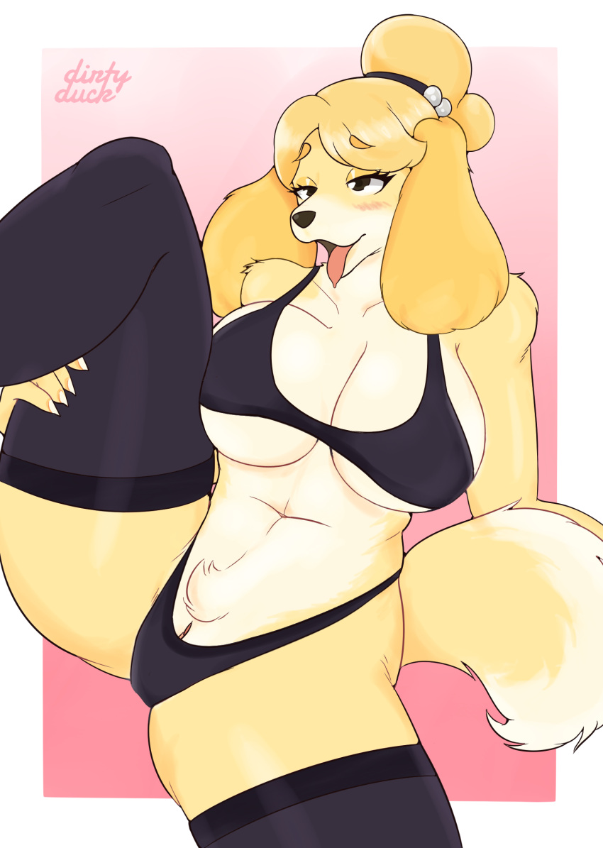 ahegao anthro big_breasts black breasts canid canine canis cleavage clothed clothing crossing dirtyduckart domestic_dog female footwear hi_res invalid_tag isabelle_(disambiguation) looking_pleasured mammal nintendo socks solo video_games