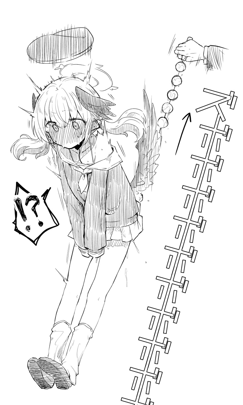 !? 1girl 1other absurdres anal_beads bangs blue_archive blush chainsaw_man embarrassed feathered_wings halo hat highres ki_no_nekko koharu_(blue_archive) loose_socks meme monochrome off_shoulder parody school_uniform sex_toy simple_background standing v_arms white_background wings