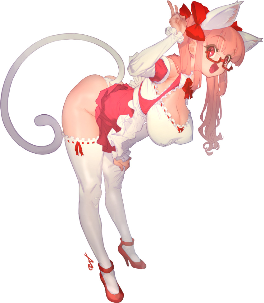 1girl animal_ear_fluff animal_ears ass bare_shoulders bent_over borrowed_character bow breasts cleavage covered_nipples detached_sleeves fingernails frilled_legwear frills glasses gradient grey_background hair_bow high_heels highres large_breasts long_hair looking_at_viewer mamorunokoto open_mouth original panties red-framed_eyewear red_bow red_eyes red_footwear red_ribbon ribbon signature simple_background solo srco tail thighhighs tongue twintails underwear v white_panties white_thighhighs