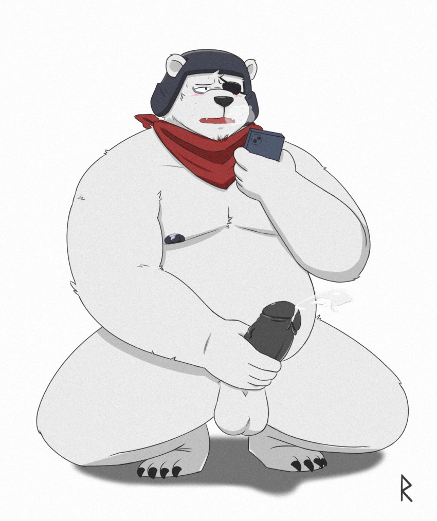 2022 anthro armor belly big_belly blush bodily_fluids cellphone cum ejaculation epic_games eye_patch eyewear fortnite genital_fluids genitals headgear helmet hi_res humanoid_genitalia humanoid_hands humanoid_penis male mammal masturbation moobs nipples overweight overweight_male penis phone polar_bear polar_patroller ragnadope simple_background smartphone solo ursid ursine video_games white_body