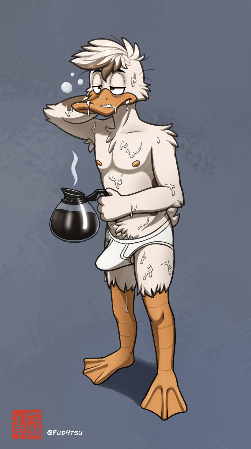 anatid anseriform anthro avian barefoot beverage bird bodily_fluids briefs bulge clothed clothing coffee coffee_pot cum detailed_background duck erection feathers feet genital_fluids grey_background half-closed_eyes hand_behind_head hi_res male membrane_(anatomy) narrowed_eyes nipples simple_background solo steam stray_hairs sweaciabic tented tighty_whities tired topless underwear webbed_feet white_body white_briefs white_clothing white_feathers white_underwear