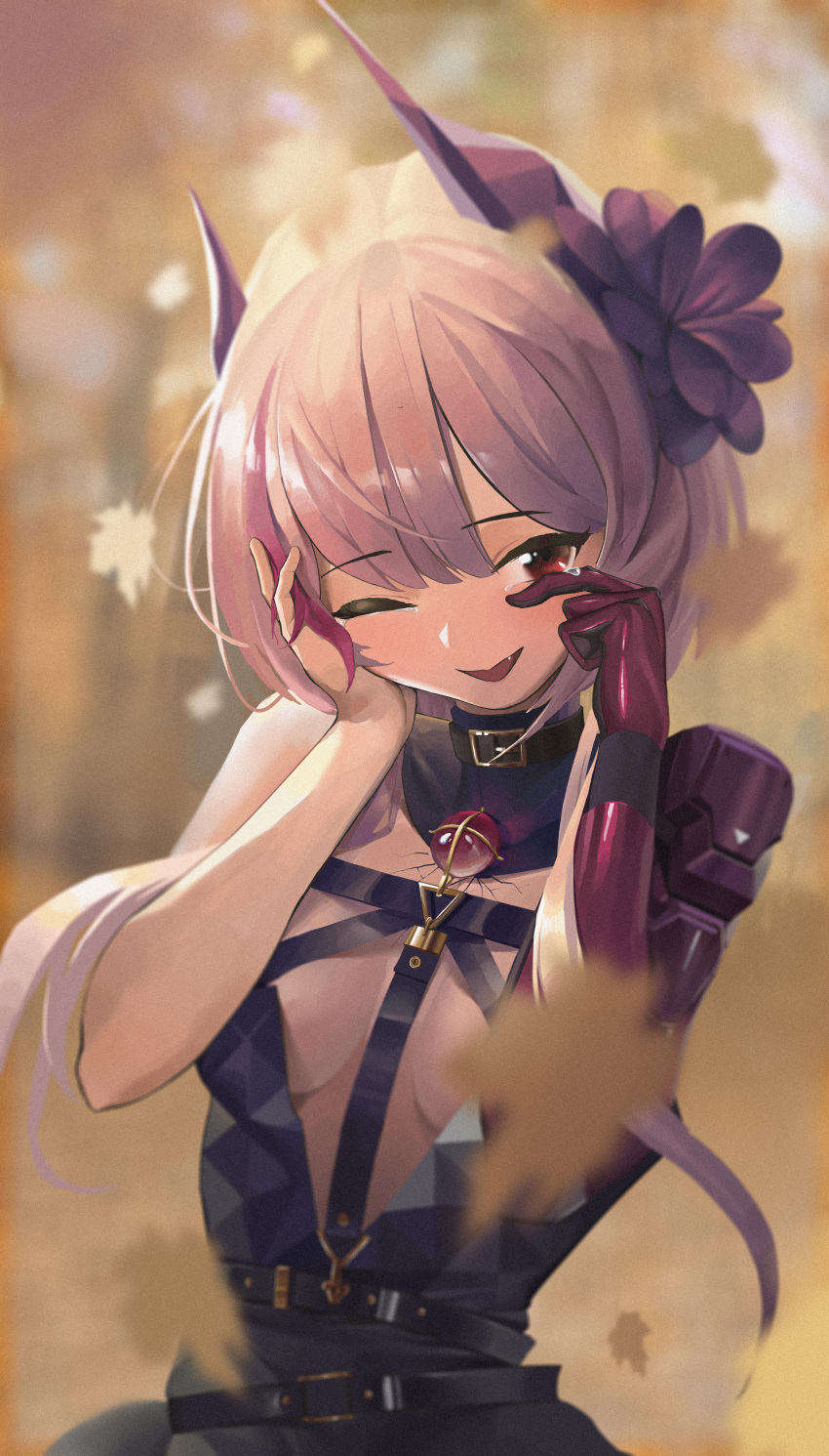 1girl absurdres bangs belt_collar black_dress blurry blurry_background blush breasts brown_choker choker collar dress flower girls'_frontline hair_flower hair_ornament hand_on_own_cheek hand_on_own_face highres long_hair looking_at_viewer m4_sopmod_ii_(devourer_of_the_feast)_(girls'_frontline) m4_sopmod_ii_(girls'_frontline) mechanical_arms mechanical_ears medium_breasts multicolored_hair official_alternate_costume one_eye_closed open_mouth pink_hair red_eyes single_mechanical_arm smile solo south_cn streaked_hair tears upper_body