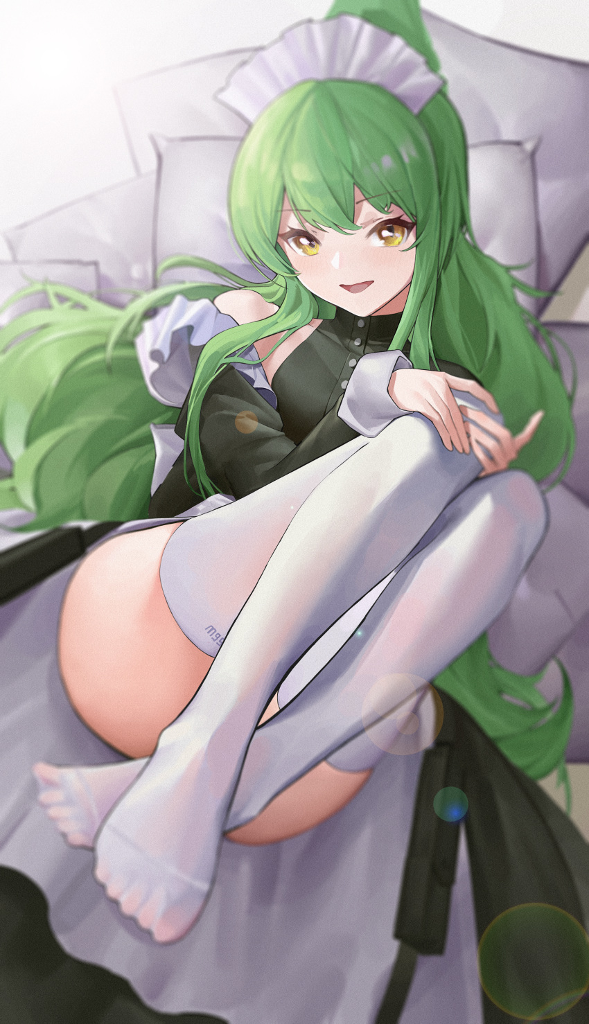 1girl absurdres bangs bare_shoulders black_dress character_name dress full_body girls'_frontline green_hair hand_on_own_knee highres legs_up long_hair looking_at_viewer lying m950a_(girls'_frontline) m950a_(home_ec_training)_(girls'_frontline) maid maid_headdress no_shoes official_alternate_costume on_back open_mouth pillow ponytail smile solo south_cn thighhighs thighs white_thighhighs yellow_eyes