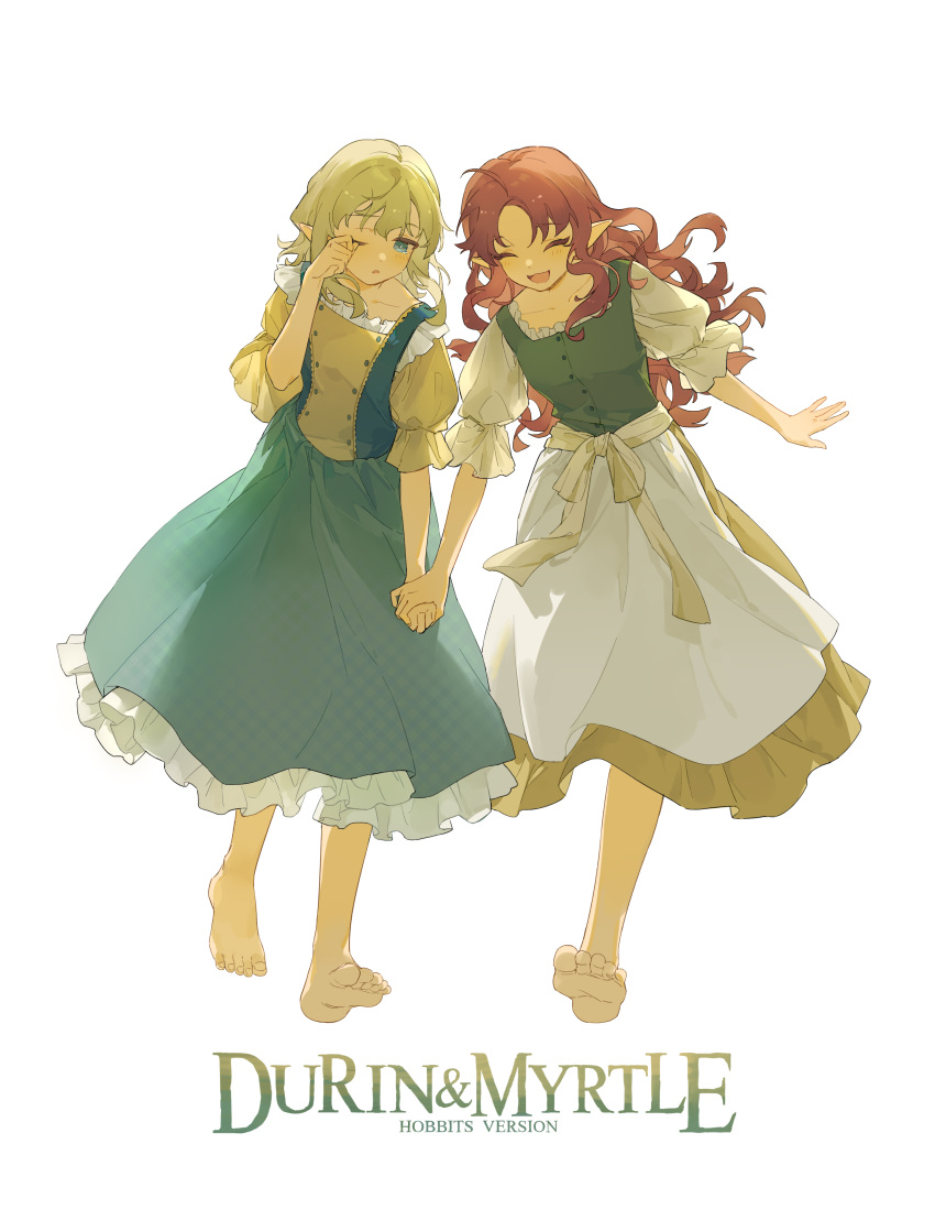 2girls :d absurdres ahoge alternate_costume arknights barefoot blonde_hair blue_eyes blue_skirt blush bow buttons character_name closed_eyes collarbone commentary dress durin_(arknights) frilled_dress frilled_skirt frills full_body green_vest hand_up highres holding_hands lmay long_hair medium_hair multiple_girls myrtle_(arknights) one_eye_closed open_mouth pointy_ears puffy_short_sleeves puffy_sleeves red_hair rubbing_eyes shirt short_sleeves single_tear skirt smile the_lord_of_the_rings toenails tolkien's_legendarium vest waist_bow white_bow white_shirt white_skirt yellow_shirt