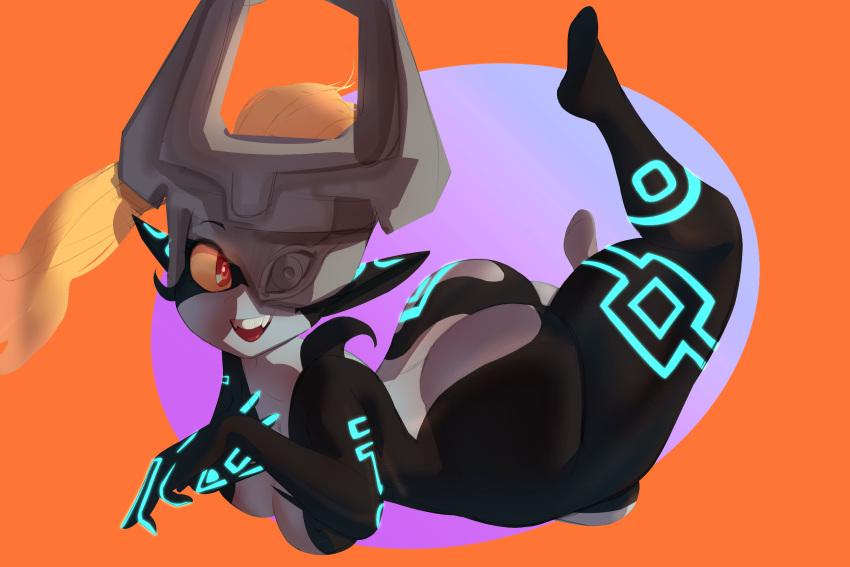 big_breasts big_butt black_body blonde_hair breasts butt eathanontitan featureless_feet female grey_body hair hi_res humanoid humanoid_pointy_ears imp looking_at_viewer lying markings midna nintendo on_front one_eye_obstructed open_mouth open_smile orange_background purple_background red_eyes short_stack simple_background smile solo the_legend_of_zelda thick_thighs twili twilight_princess video_games wide_hips yellow_sclera