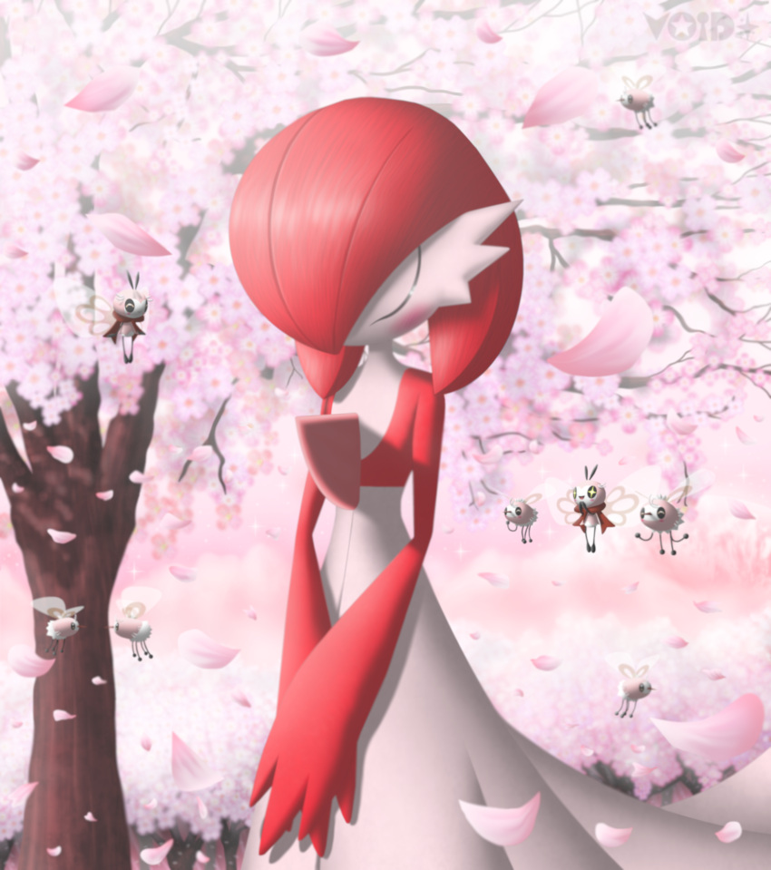 +_+ 1girl ^_^ absurdres alternate_color alternate_shiny_pokemon artist_name bangs black_eyes blush blush_stickers bob_cut cherry_blossoms closed_eyes colored_skin commentary cowboy_shot cutiefly day english_commentary flat_chest flower gardevoir hair_over_one_eye happy head_down highres multicolored_skin one_eye_covered open_mouth outdoors own_hands_together petals pink_background pink_flower pokemon pokemon_(creature) red_hair red_skin ribombee short_hair smile solo_focus standing tree two-tone_skin u_u v_arms void_(starvoid7) watermark white_skin