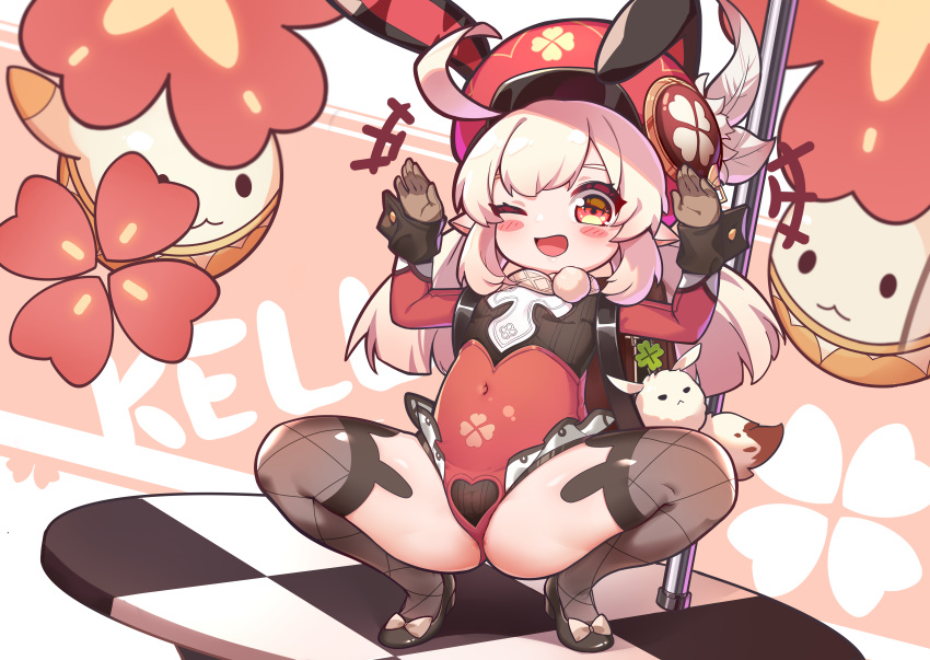1girl ;d absurdres adapted_costume ahoge alternate_costume animal_ears ass backpack bag bag_charm bangs blush_stickers brown_gloves brown_scarf bunny_pose cabbie_hat charm_(object) checkered_floor cjw1641762154 clover_print commentary_request dodoco_(genshin_impact) fake_animal_ears fishnet_legwear fishnets genshin_impact gloves hair_between_eyes hat hat_feather hat_ornament highres jumpy_dumpty klee_(genshin_impact) leotard light_brown_hair long_hair long_sleeves looking_at_viewer low_twintails m_legs one_eye_closed orange_eyes playboy_bunny pointy_ears pole rabbit_ears randoseru red_leotard scarf sidelocks smile solo spread_legs squatting thighhighs toes_up twintails