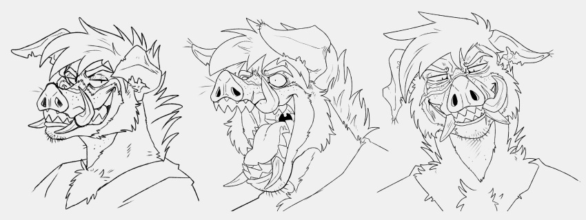 absurd_res anthro beard black_and_white bust_portrait chest_tuft facial_hair floppy_ears front_view grin hair hi_res imperatorcaesar insane male messy_hair monochrome narrowed_eyes open_mouth portrait sharp_teeth smile solo teeth three-quarter_view tongue tuft tusks wide_eyed